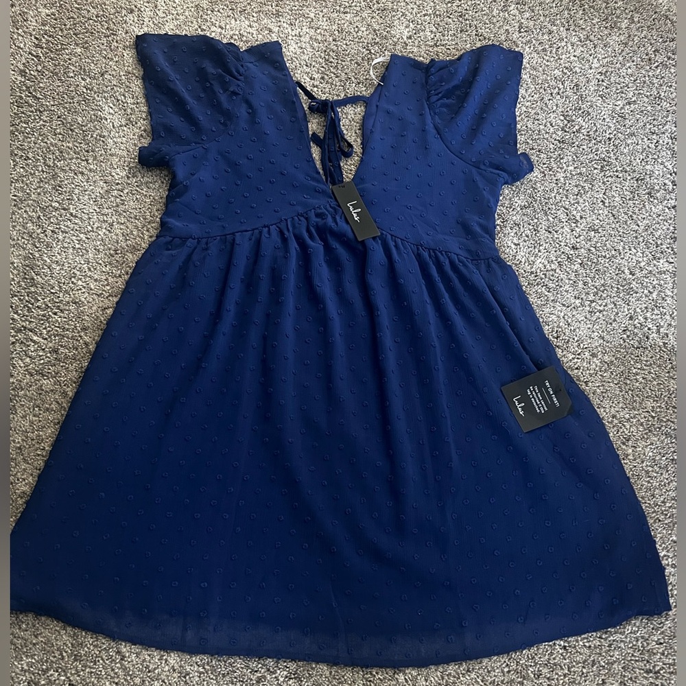 Lulu’s Darling Affection Blue Swiss Dot Babydoll Mini Dress SIZE SMALL